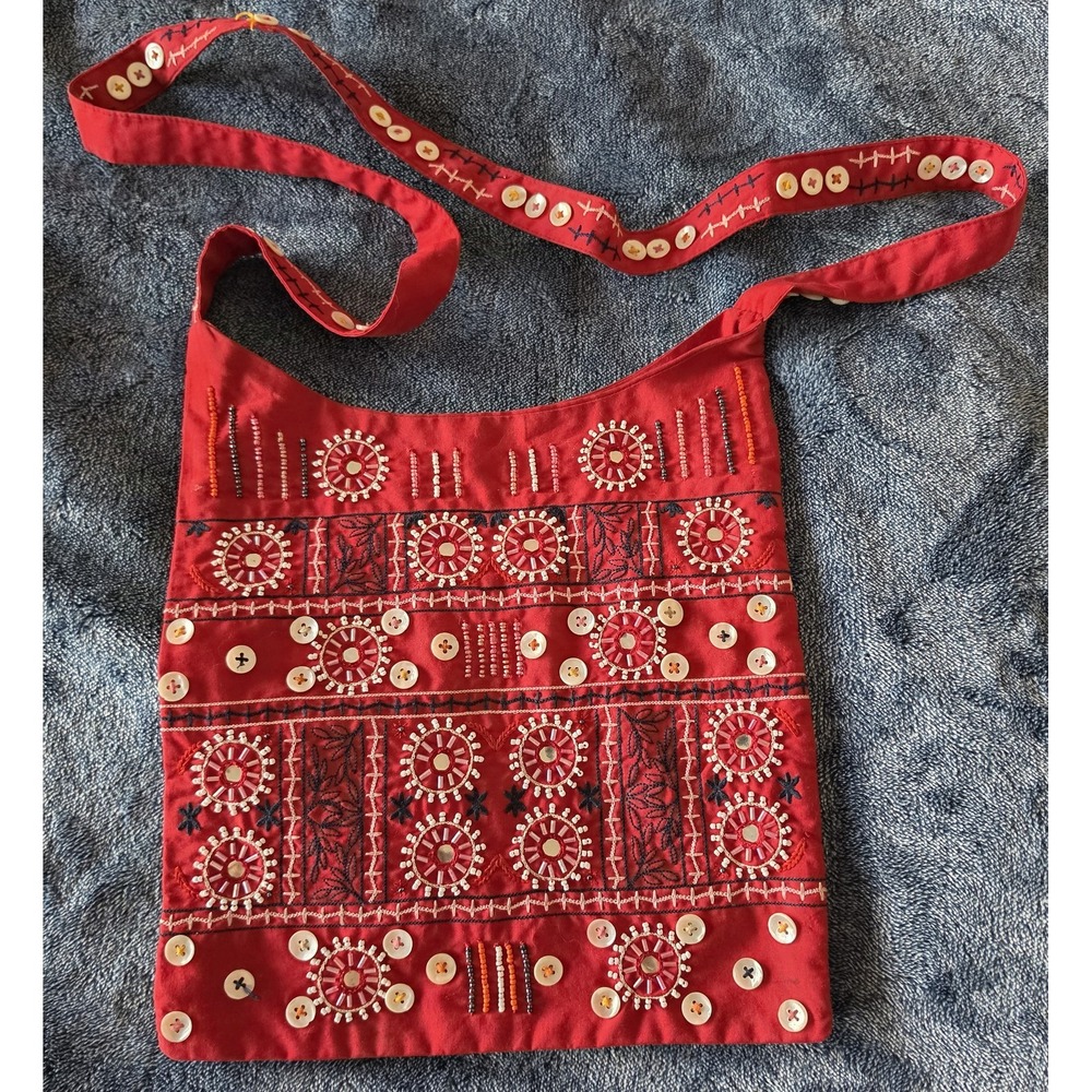 Gap Women Red Crossbody Bag Purse Boho Bohemian Shoulder Handbag Satchel Beaded